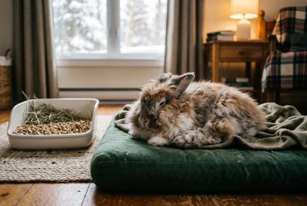 Senior Angora rabbit resting on orthopedic bedding with low-sided litter box showing appropriate housing modifications for aging rabbits