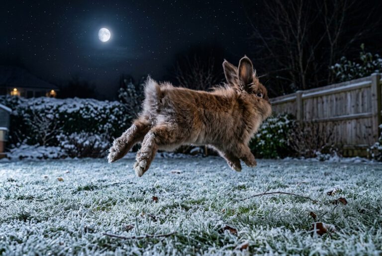Angora rabbit performing a binky mid-air with hind legs kicked out showing the most unambiguous expression of happiness in the rabbit behavioral repertoire