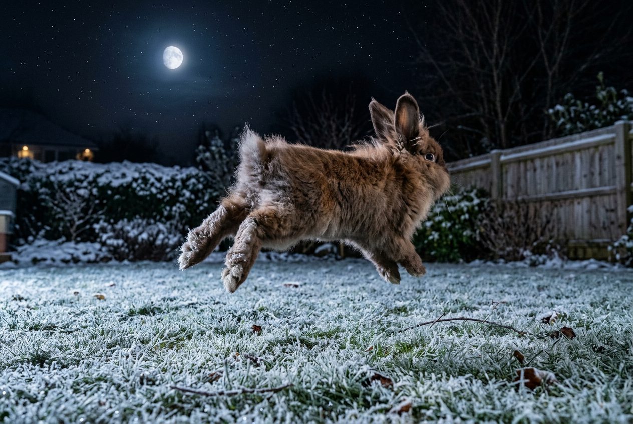 Angora rabbit performing a binky mid-air with hind legs kicked out showing the most unambiguous expression of happiness in the rabbit behavioral repertoire