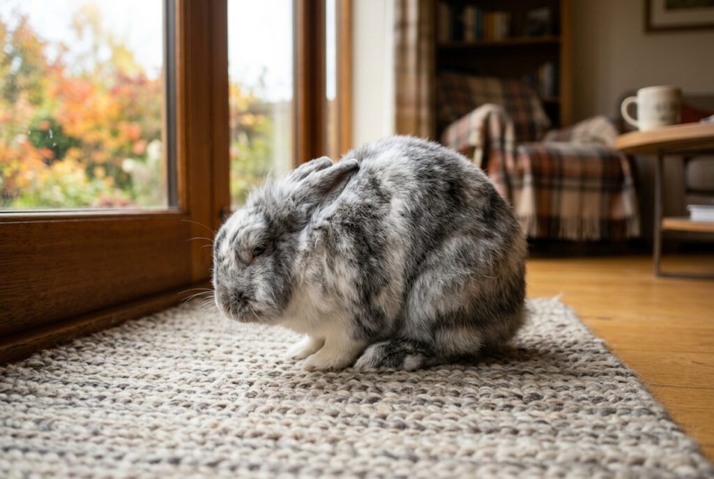 Angora rabbit in hunched posture with rounded spine and forward weight showing the primary pain indicator that requires same-day veterinary assessment