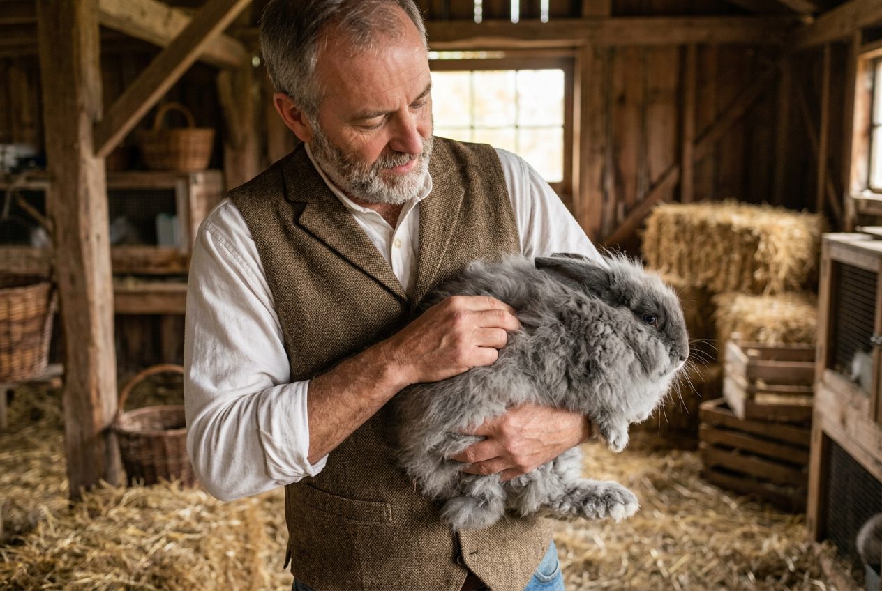 Person holding an Angora rabbit with correct support for physical assessment showing how to evaluate body condition beneath the wool coat before purchase