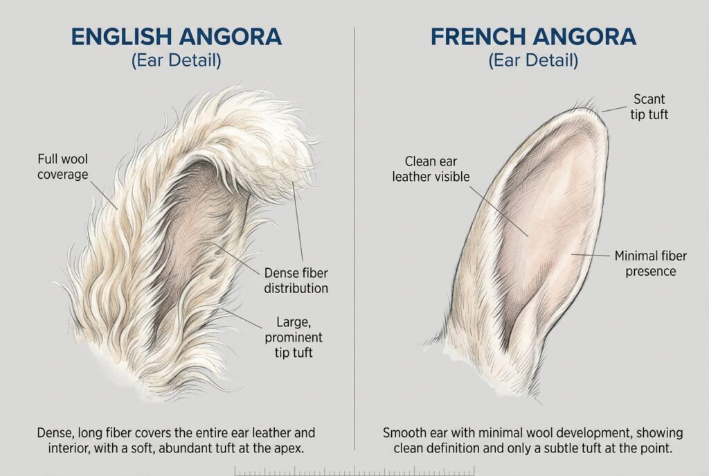 Side-by-side illustration comparing English Angora ear with full wool coverage dense fiber distribution and large prominent tip tuft against French Angora ear showing clean ear leather and only a scant tip tuft demonstrating why English Angoras have greater ear-specific grooming requirements