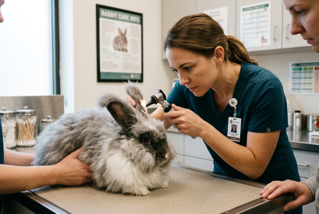 Veterinarian examining Angora rabbit ear canal with otoscope illustrating the professional assessment required when ear health concerns are identified