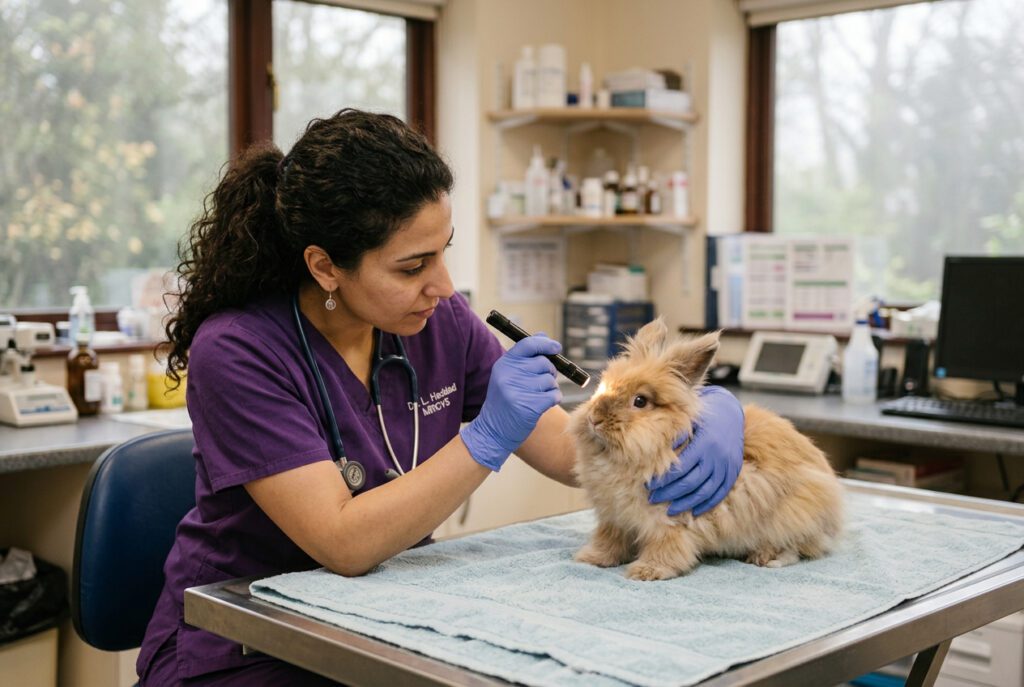 Veterinarian examining an Angora rabbit eye with a penlight illustrating the appropriate veterinary assessment for rabbit eye health concerns