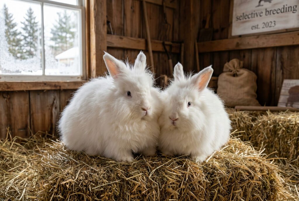 Two healthy Angora rabbits side by side illustrating the selective pairing process at the core of responsible Angora rabbit breeding