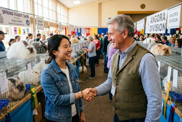 Prospective buyer meeting an Angora rabbit breeder at a rabbit show with animals in show cages in the background showing the ideal in-person purchase environment