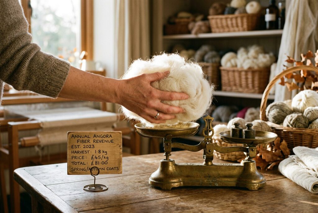 Hand holding weighed raw Angora rabbit fiber on a small scale beside a price card illustrating the annual fiber revenue that can offset ongoing ownership costs