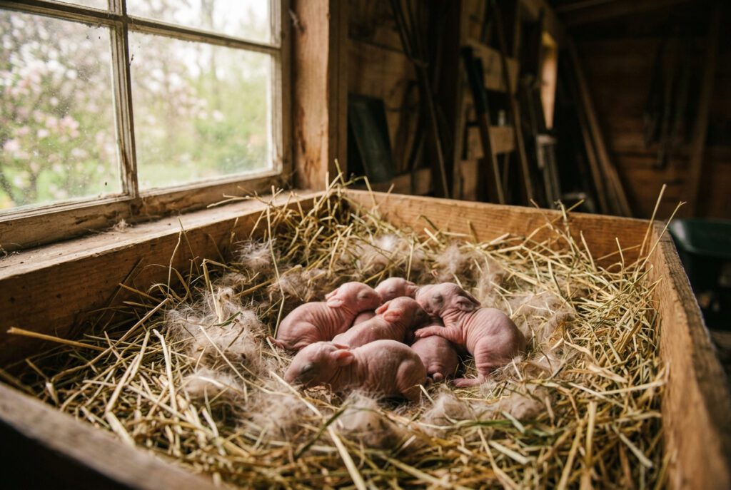 Newborn Angora rabbit kits in a correctly prepared nest box lined with hay and doe fur showing the hairless altricial state at birth