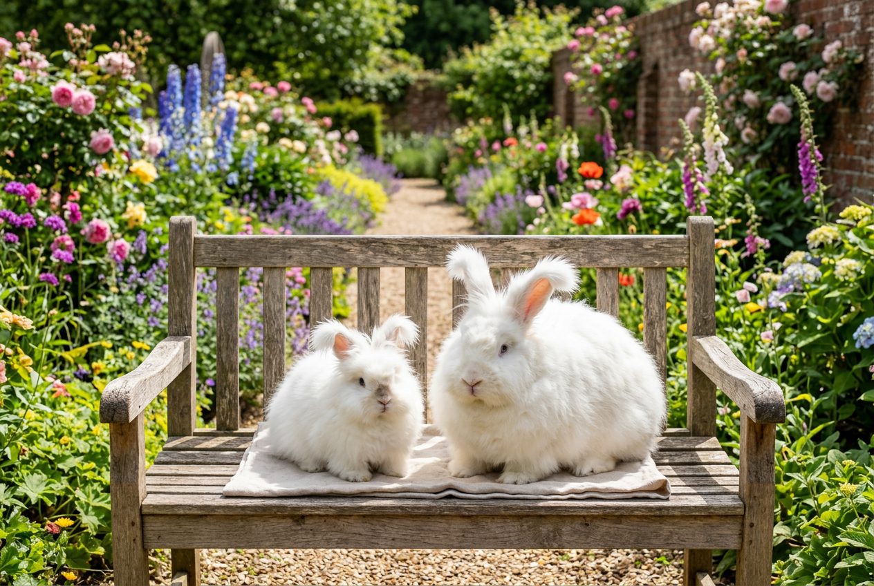 English Angora rabbit beside Giant Angora rabbit showing the size difference between the smallest and largest ARBA-recognized Angora breeds