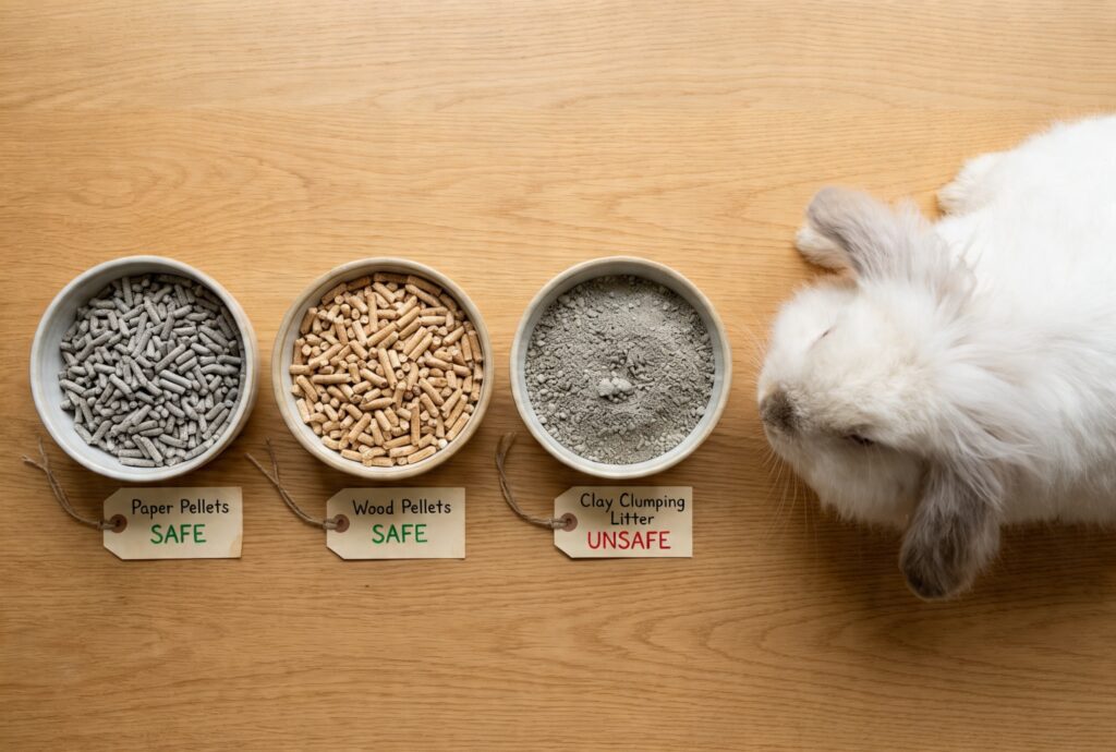 Three rabbit litter types side by side showing paper pellets and wood pellets as safe options and clay clumping cat litter marked as unsafe for rabbits and Angora wool coats