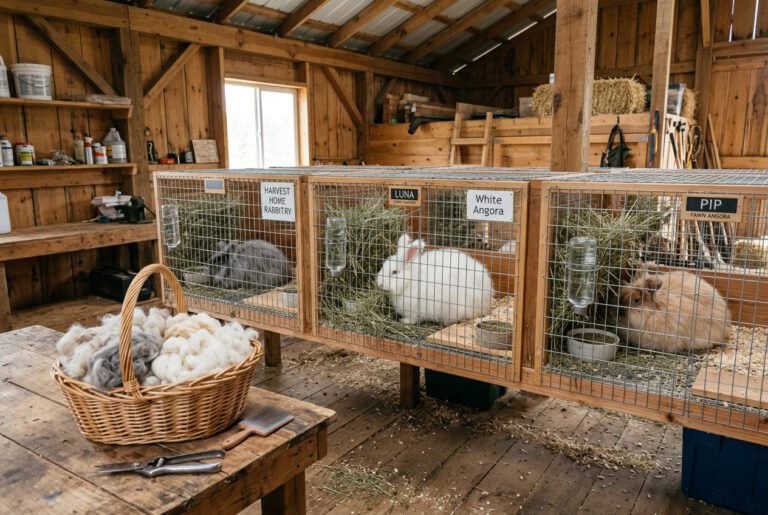 Small US Angora rabbit rabbitry showing wire enclosures with solid resting boards and harvested fiber in a basket representing rabbits as productive farm animals for fiber production