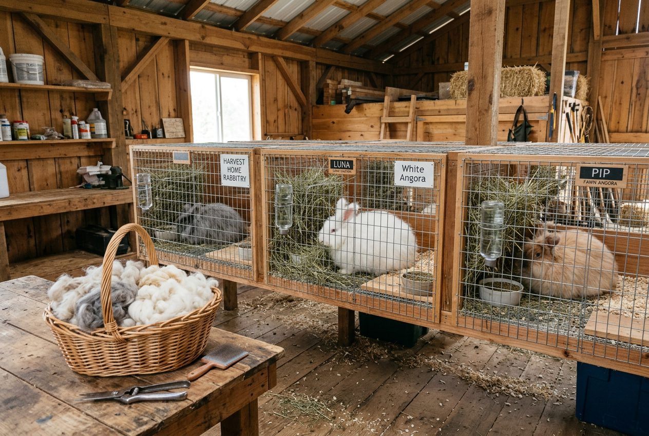Small US Angora rabbit rabbitry showing wire enclosures with solid resting boards and harvested fiber in a basket representing rabbits as productive farm animals for fiber production