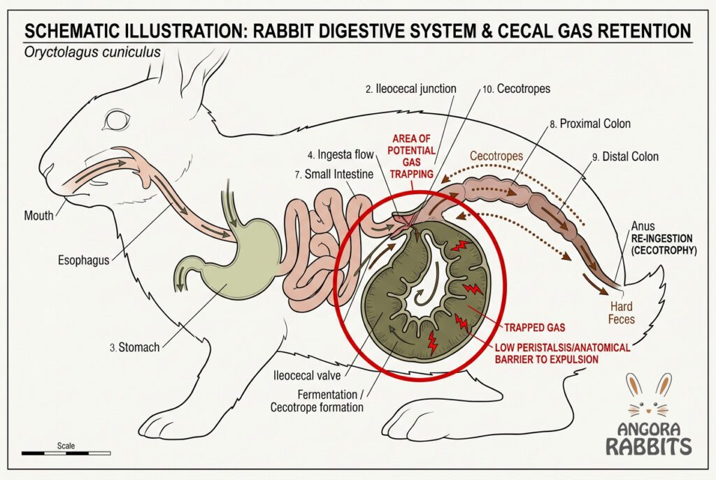 Schematic illustration of the rabbit digestive system showing the cecum as the area of potential gas trapping with low peristalsis and anatomical barrier to expulsion, explaining why gas from cruciferous vegetables causes more serious problems in rabbits than in most other animals