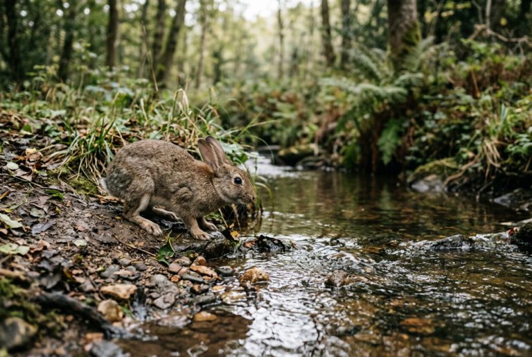 Wild rabbit at the edge of water showing the natural wariness of water characteristic of all rabbit breeds