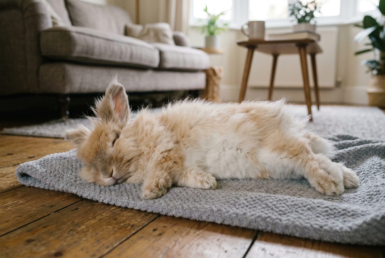 Angora rabbit in classic flop position lying fully on its side with relaxed body showing the complete contentment and trust that indicates a genuinely friendly bonded rabbit