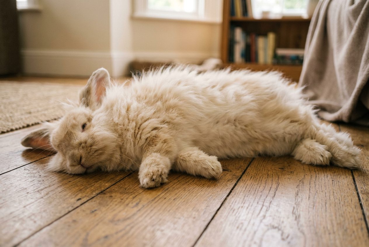 Angora rabbit in full flop position lying completely on its side with legs extended and eyes half closed on a wooden floor showing the deepest expression of contentment and trust in domestic rabbits