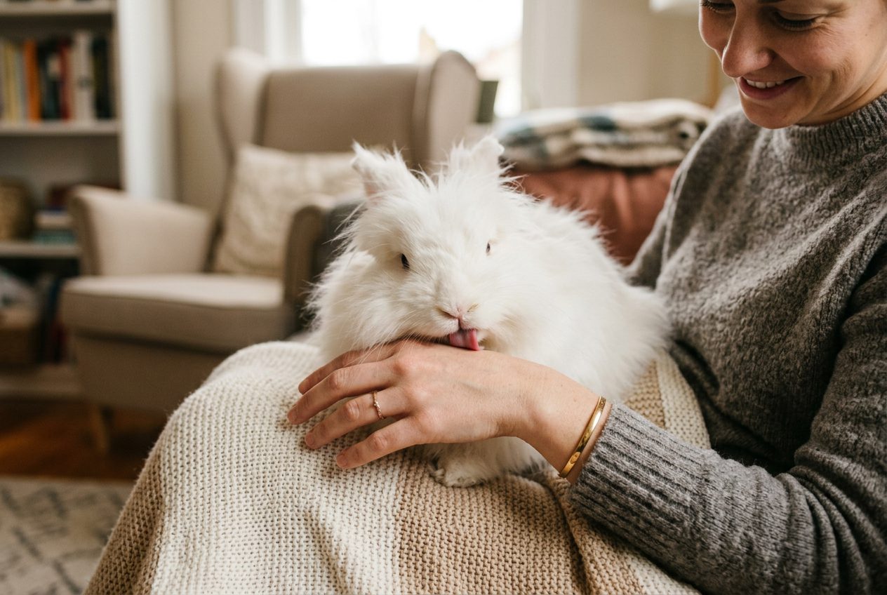 Angora rabbit licking owner's hand in allogrooming behavior showing the most direct expression of friendliness and social bonding that a rabbit directs toward a trusted human