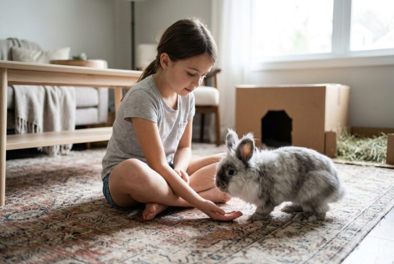 Child sitting on floor at rabbit level with open hand as Angora rabbit approaches voluntarily showing the correct floor-level interaction model for child and rabbit safety