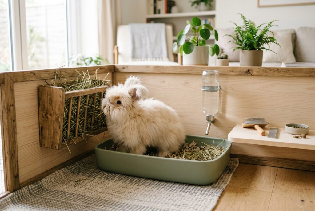Angora rabbit in a well-organized indoor living space with hay rack litter box water bottle and grooming comb visible representing the complete honest picture of rabbit ownership requirements