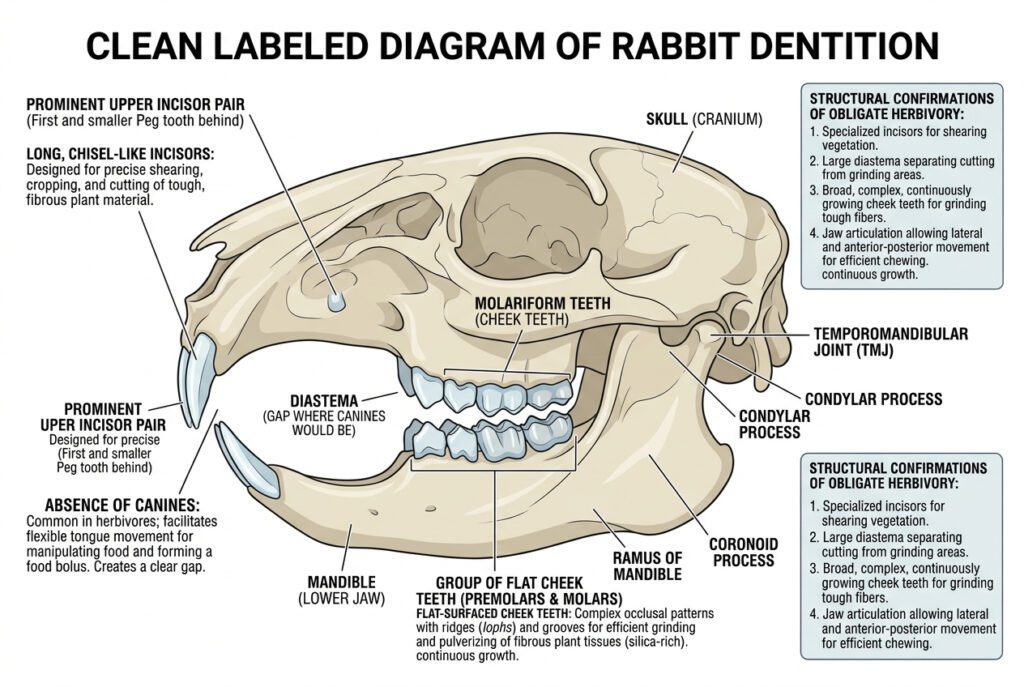 Labeled diagram of rabbit dentition showing incisor pair diastema gap where canines would be and flat cheek teeth confirming the obligate herbivore anatomy of domestic rabbits