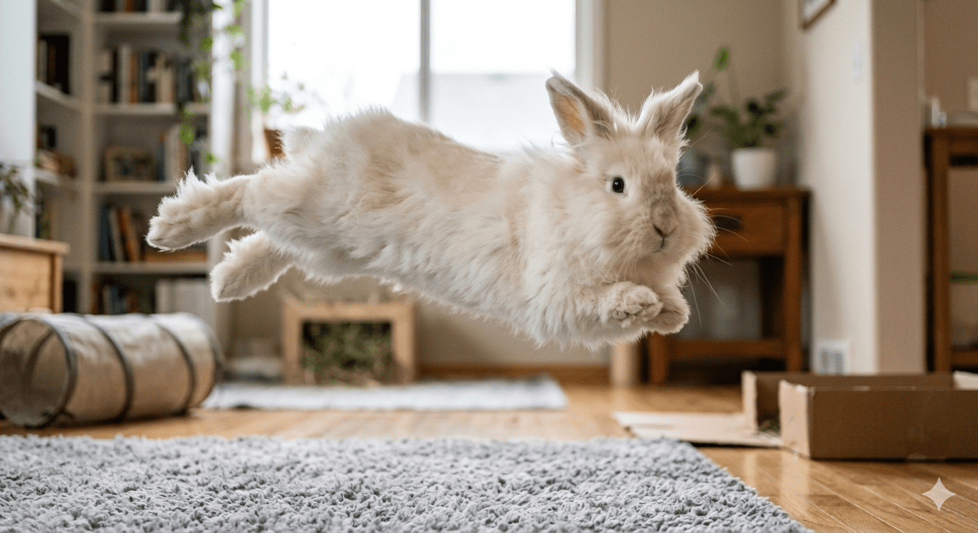 Angora rabbit mid-air during a full binky with body twisted and hind legs extended sideways showing the physical expression of happiness that binkying represents in domestic rabbits