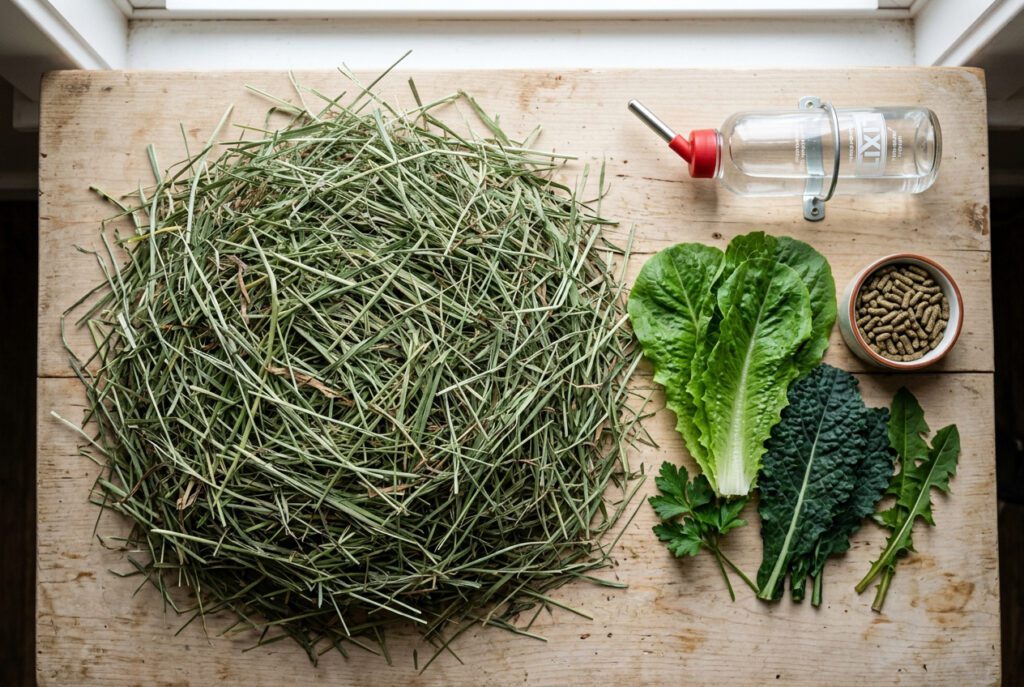 Overhead flat lay of correct rabbit diet components showing timothy hay as the dominant element with measured pellets leafy greens and fresh water in proportions reflecting the herbivore diet hierarchy
