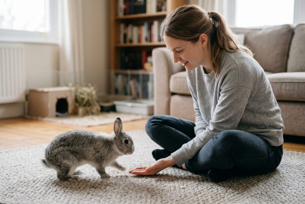 Owner sitting on floor at rabbit level with open hand as rabbit approaches voluntarily showing the correct low-level approach technique that builds trust and friendliness in domestic rabbits