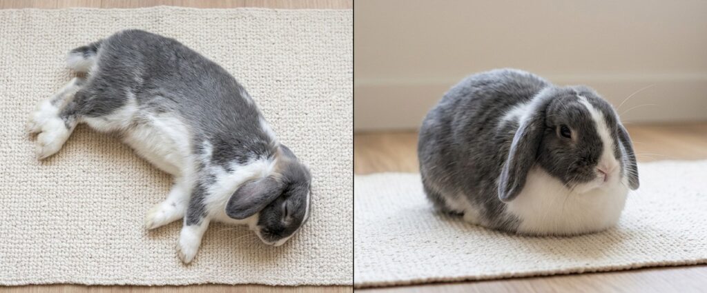 Comparison showing a rabbit in alert loaf position on the left and the same rabbit in a full relaxed flop on the left showing the dramatic transition from alert posture to complete relaxation