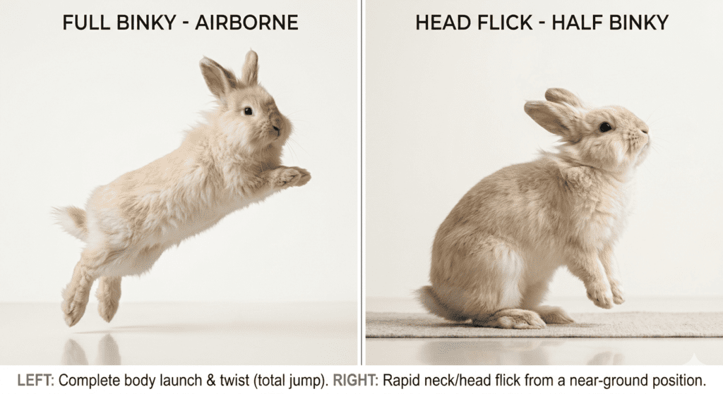 Two panel comparison showing a full rabbit binky with the rabbit airborne and body twisted on the left and a half binky with a subtle head flick on the right showing both types of happy rabbit behavior
